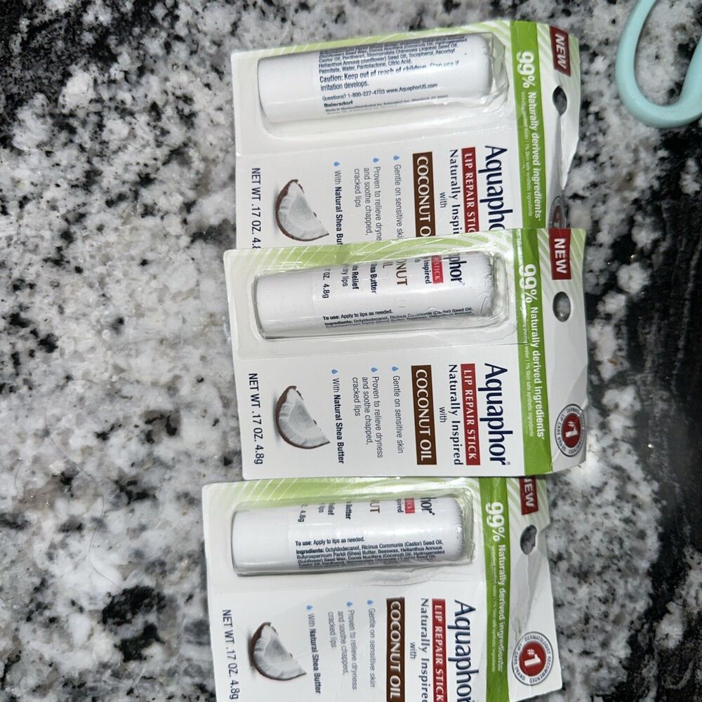 3 Aquaphor Lip Repair Stick Naturally Inspired Coconut Oil & Shea Butter .17 oz